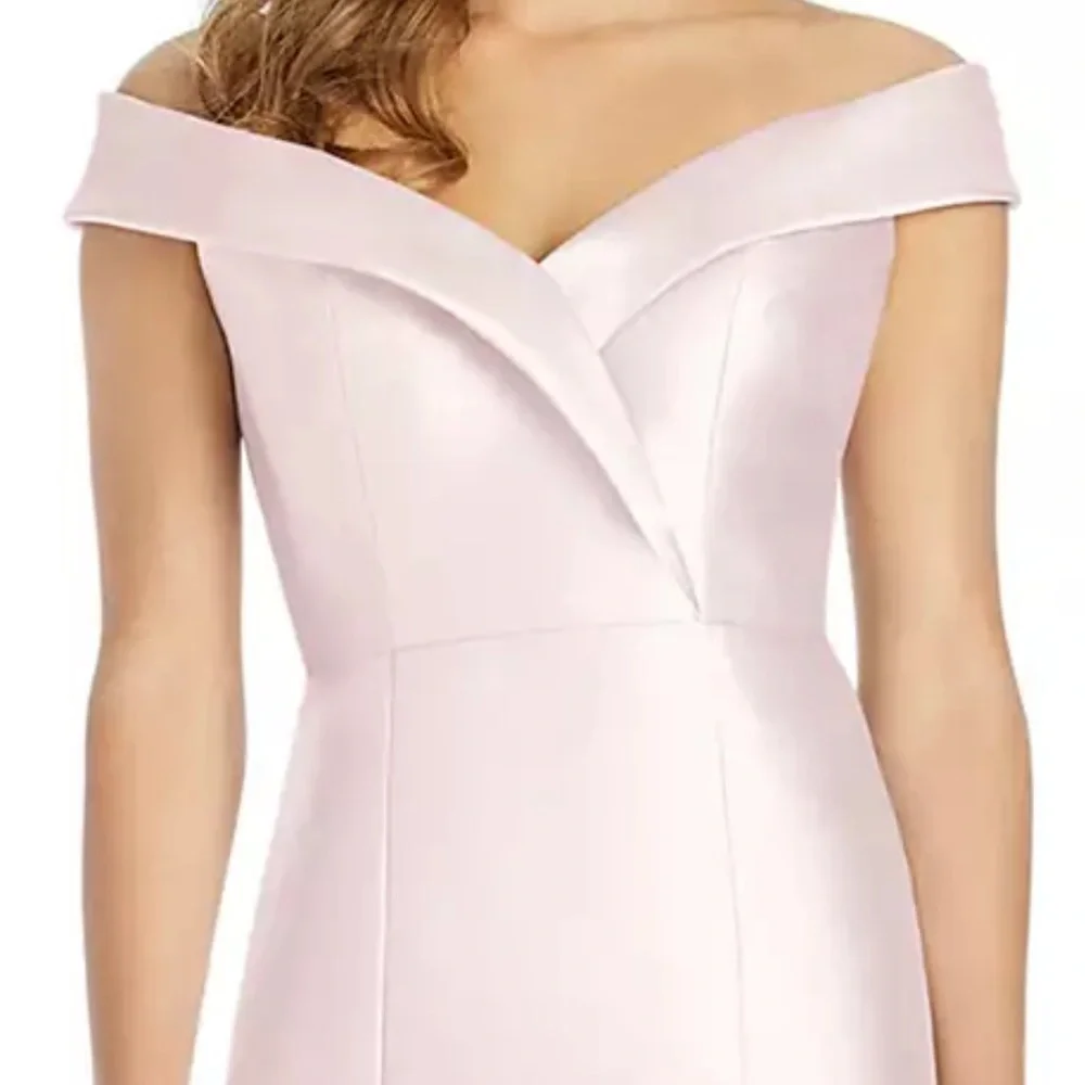 Alfred Sung D760 Off-The-Shoulder Satin Gown in Blush with Slit Size 0 NEW - Picture 2 of 14
